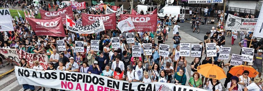 En el marco del Paro convocado por la CGT, la Federación de Profesionales del GCABA junto a otras organizaciones de salud que participan del Cabildo abierto, marchan contra la Reforma laboral y en apoyo a la lucha del Hospital Garrahan, 19/02/2026. Foto de Antú Divito Trejo para FPSalud.