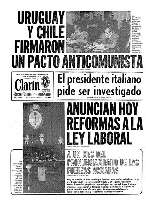 Portada Diario Clarín del 24/04/1976. A un mes del golpe anunciaban la reforma laboral, lo que da cuenta del nivel de prioridad que tenía.