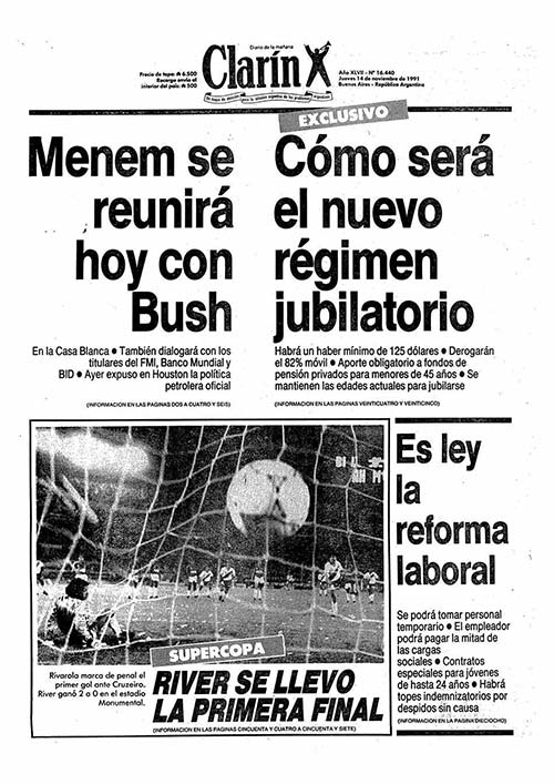 Portada Diario Clarín del 14/11/1991. Se anuncia la reforma laboral y una reunión del presidente de Argentina con el presidente de EEUU. 