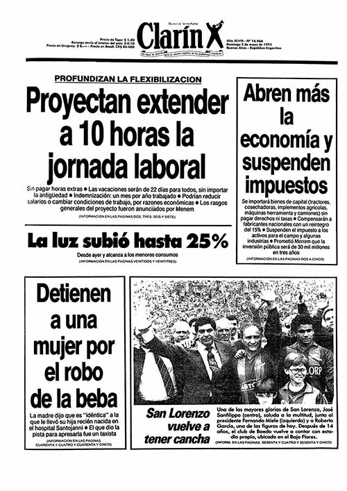 Portada Diario Clarín del 02/05/1993. Continúan los intentos de flexibilización laboral mientras crece la inflación y se abren las importaciones.