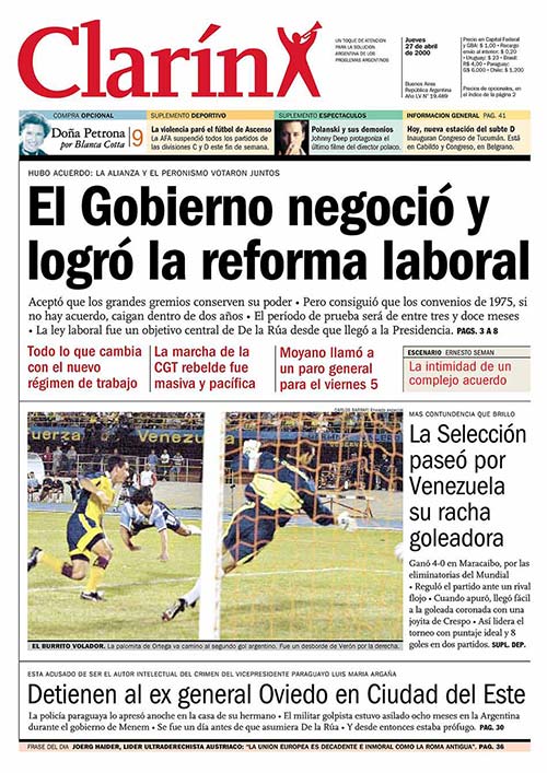 Portada Diario Clarín del 27/04/2000. En la misma portada deja claro que la reforma laboral es uno de los objetivos del gobierno de De la Rúa.